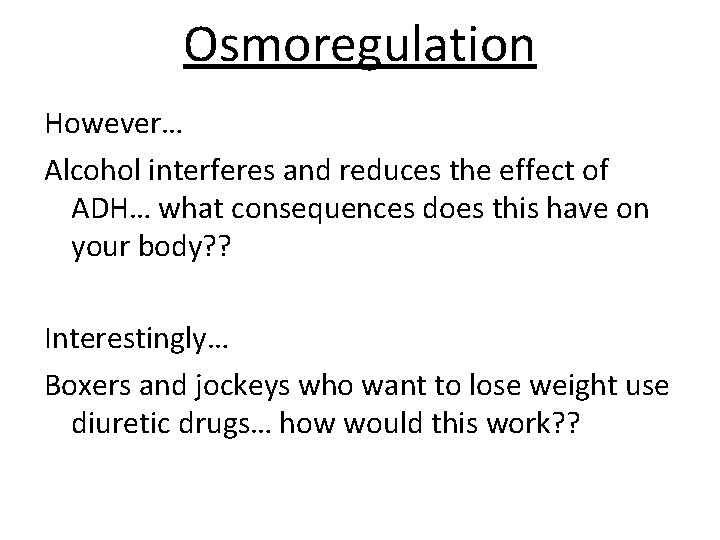 Osmoregulation However… Alcohol interferes and reduces the effect of ADH… what consequences does this