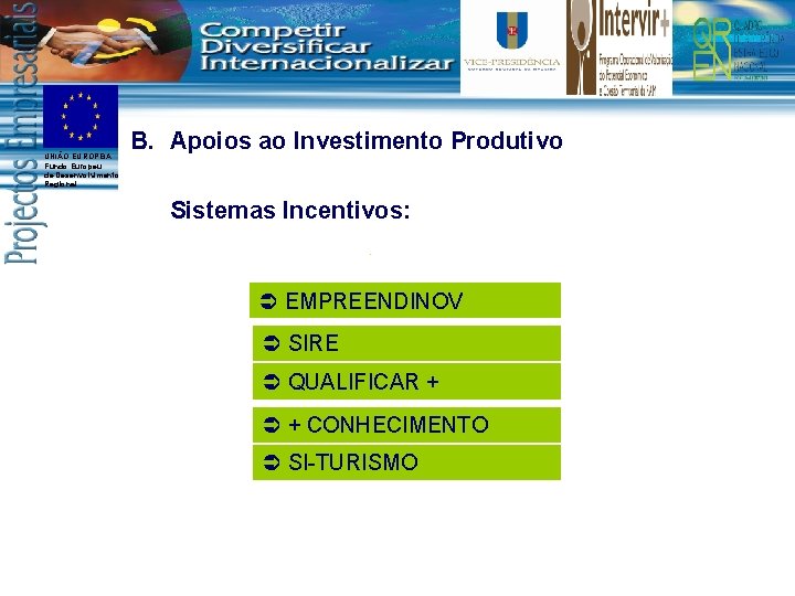 UNIÃO EUROPEIA Fundo Europeu de Desenvolvimento Regional B. Apoios ao Investimento Produtivo Sistemas Incentivos: UNIÃO EUROPEIA Fundo Europeu de Desenvolvimento Regional B. Apoios ao Investimento Produtivo Sistemas Incentivos: