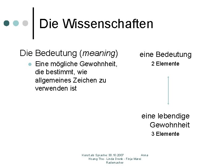 Die Wissenschaften Die Bedeutung (meaning) l eine Bedeutung Eine mögliche Gewohnheit, die bestimmt, wie