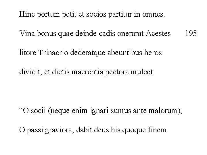Hinc portum petit et socios partitur in omnes. Vina bonus quae deinde cadis onerarat