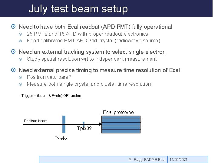 July test beam setup Need to have both Ecal readout (APD PMT) fully operational