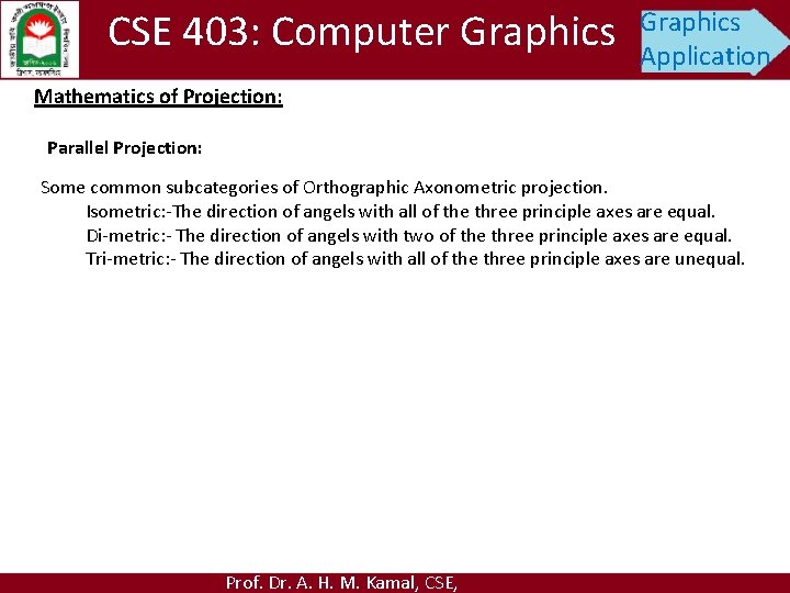 CSE 403: Computer Graphics Application Mathematics of Projection: Parallel Projection: Some common subcategories of