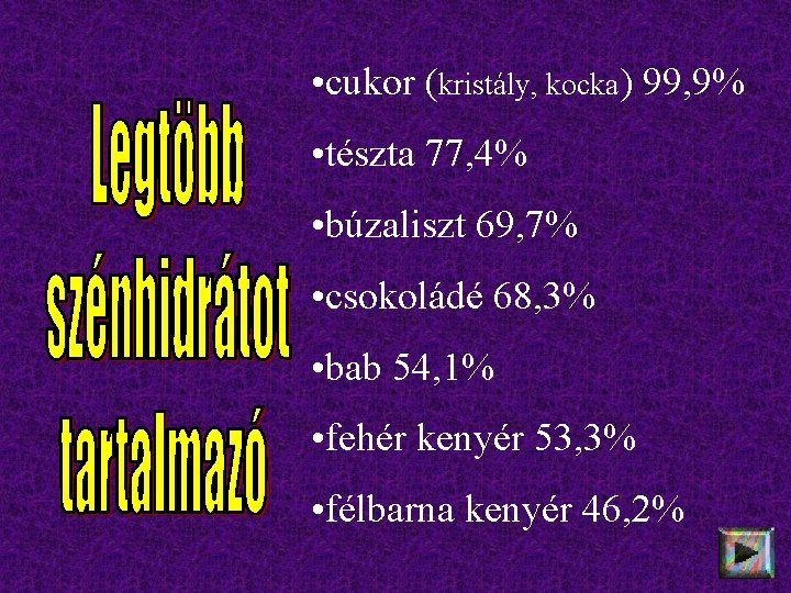  • cukor (kristály, kocka) 99, 9% • tészta 77, 4% • búzaliszt 69,