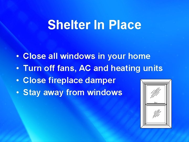 Shelter In Place • • Close all windows in your home Turn off fans,