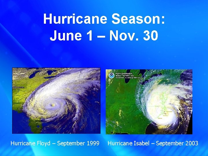 Hurricane Season: June 1 – Nov. 30 Hurricane Floyd – September 1999 Hurricane Isabel
