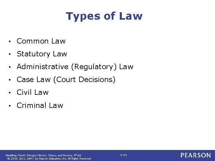 Types of Law • Common Law • Statutory Law • Administrative (Regulatory) Law •