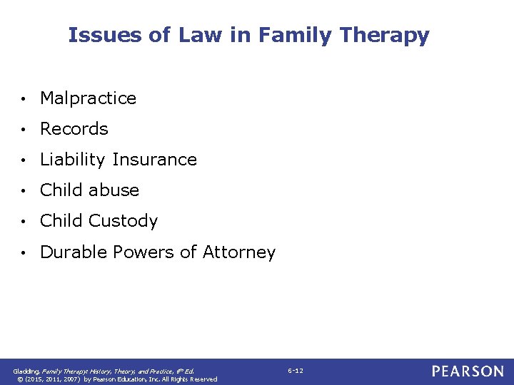 Issues of Law in Family Therapy • Malpractice • Records • Liability Insurance •