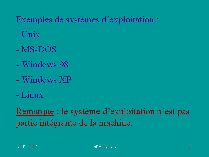 Exemples de systèmes d’exploitation : - Unix - MS-DOS - Windows 98 - Windows