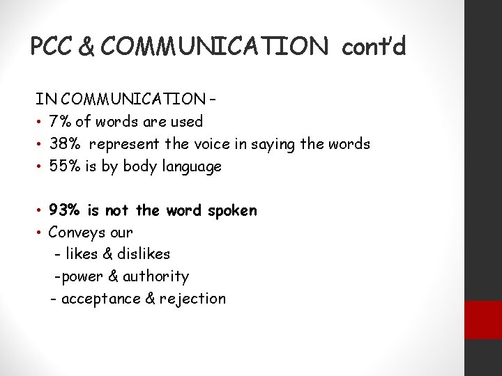 PCC & COMMUNICATION cont’d IN COMMUNICATION – • 7% of words are used •