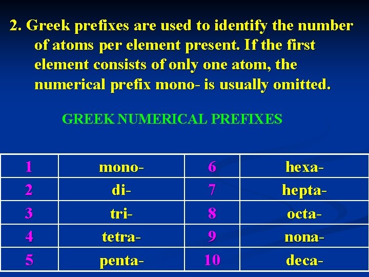 2. Greek prefixes are used to identify the number of atoms per element present.