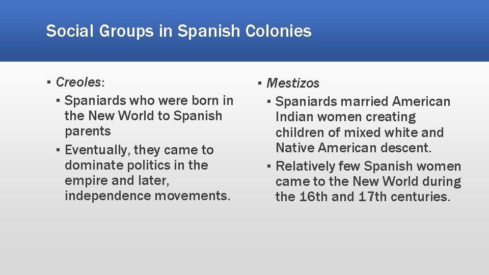 Social Groups in Spanish Colonies ▪ Creoles: ▪ Spaniards who were born in the Social Groups in Spanish Colonies ▪ Creoles: ▪ Spaniards who were born in the