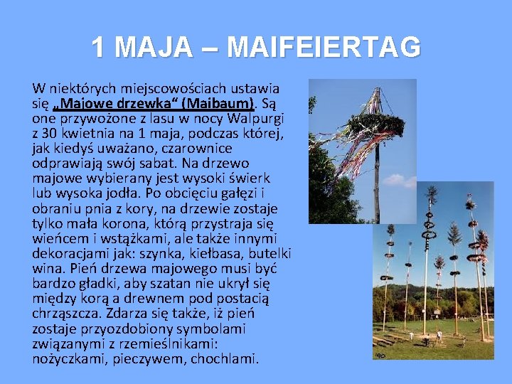 1 MAJA – MAIFEIERTAG W niektórych miejscowościach ustawia się „Majowe drzewka“ (Maibaum). Są one