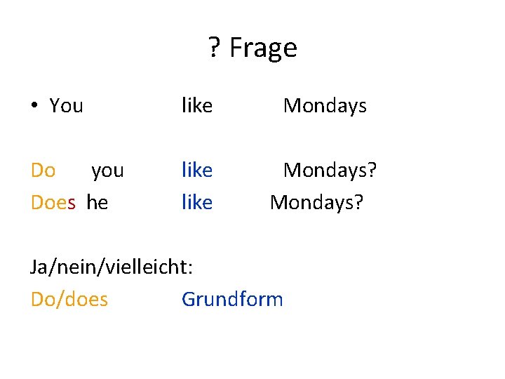 ? Frage • You like Mondays Do you Does he like Mondays? Ja/nein/vielleicht: Do/does