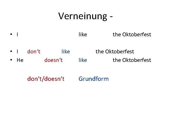 Verneinung • I don‘t like • He doesn‘t don‘t/doesn‘t like the Oktoberfest Grundform 