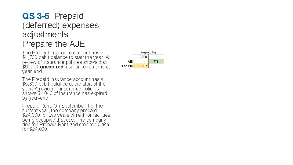 QS 3 -5 Prepaid (deferred) expenses adjustments Prepare the AJE The Prepaid Insurance account