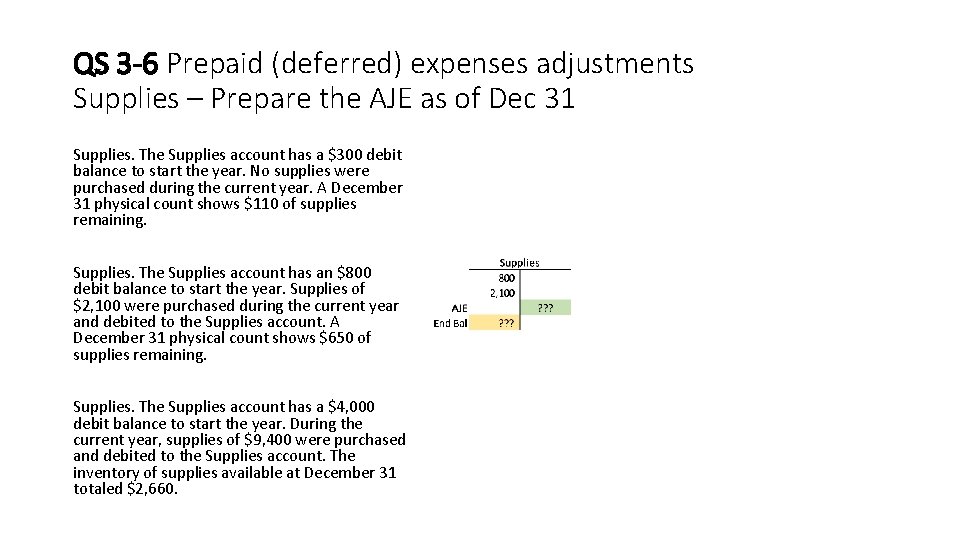 QS 3 -6 Prepaid (deferred) expenses adjustments Supplies – Prepare the AJE as of