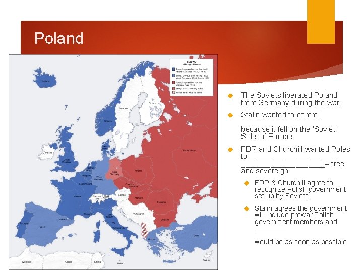 Poland The Soviets liberated Poland from Germany during the war. Stalin wanted to control