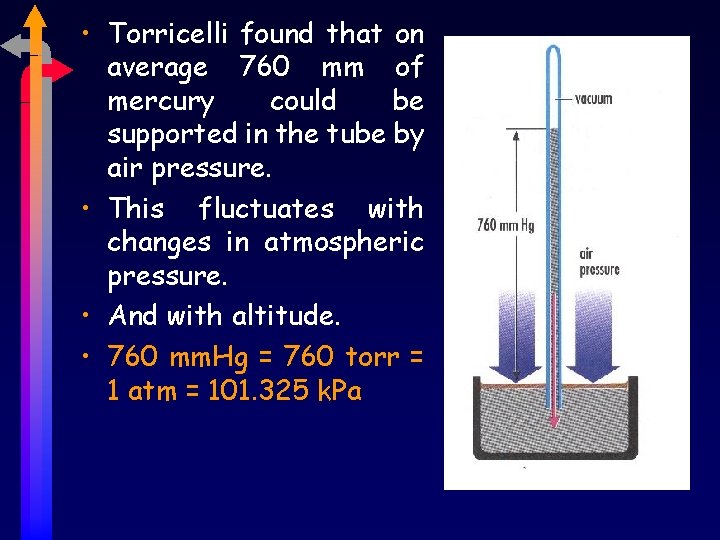  • Torricelli found that on average 760 mm of mercury could be supported