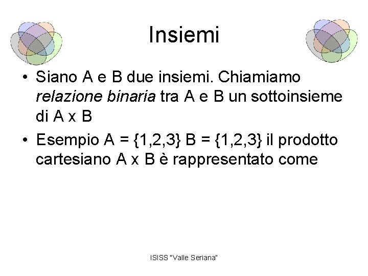 Insiemi • Siano A e B due insiemi. Chiamiamo relazione binaria tra A e