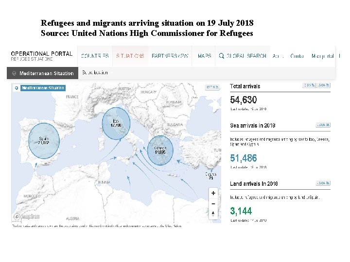 Refugees and migrants arriving situation on 19 July 2018 Source: United Nations High Commissioner