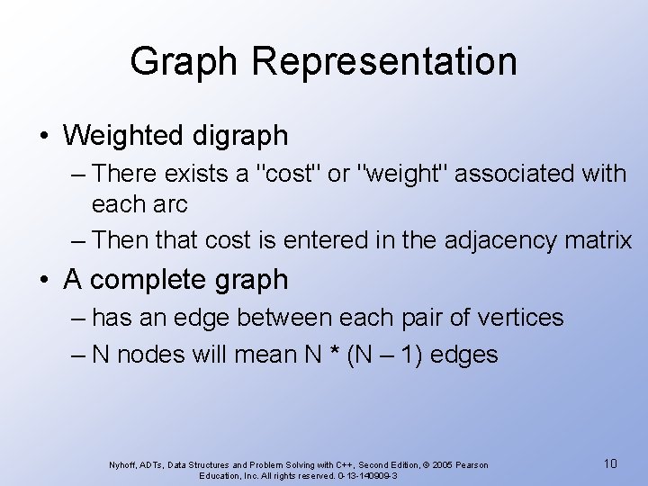 Graph Representation • Weighted digraph – There exists a "cost" or "weight" associated with