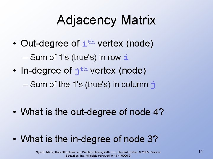 Adjacency Matrix • Out-degree of ith vertex (node) – Sum of 1's (true's) in