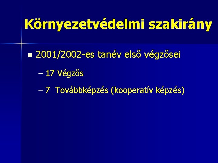 Környezetvédelmi szakirány n 2001/2002 -es tanév első végzősei – 17 Végzős – 7 Továbbképzés