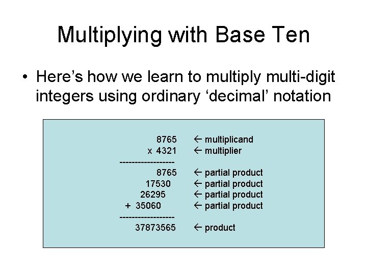 Multiplying with Base Ten • Here’s how we learn to multiply multi-digit integers using