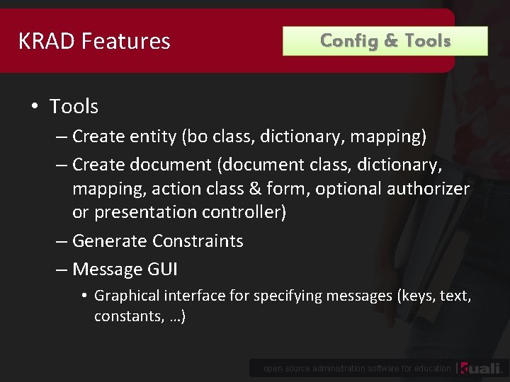 KRAD Features Config & Tools • Tools – Create entity (bo class, dictionary, mapping)