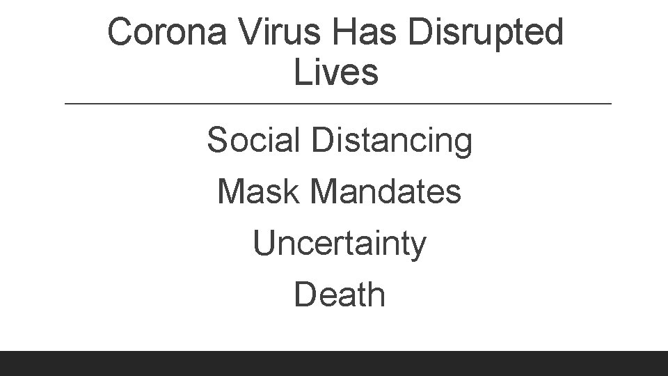 Corona Virus Has Disrupted Lives Social Distancing Mask Mandates Uncertainty Death 