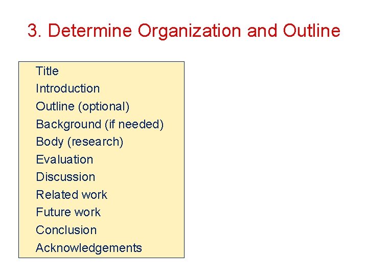 3. Determine Organization and Outline Title Introduction Outline (optional) Background (if needed) Body (research)