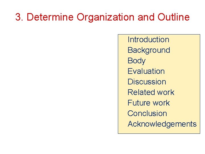 3. Determine Organization and Outline Introduction Background Body Evaluation Discussion Related work Future work