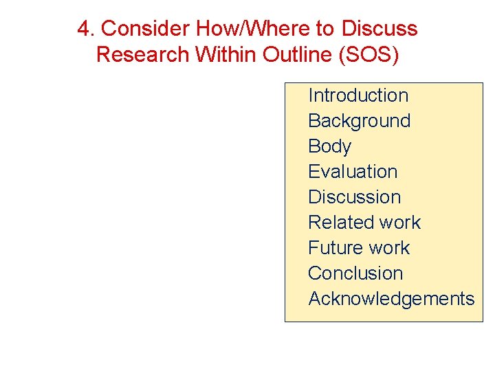 4. Consider How/Where to Discuss Research Within Outline (SOS) Introduction Background Body Evaluation Discussion