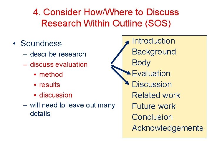 4. Consider How/Where to Discuss Research Within Outline (SOS) • Soundness – describe research