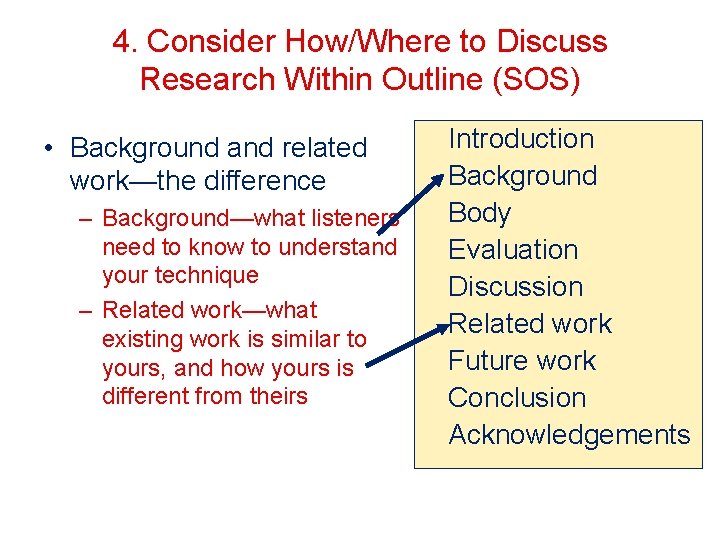 4. Consider How/Where to Discuss Research Within Outline (SOS) • Background and related work—the