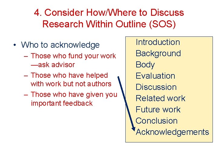 4. Consider How/Where to Discuss Research Within Outline (SOS) • Who to acknowledge –