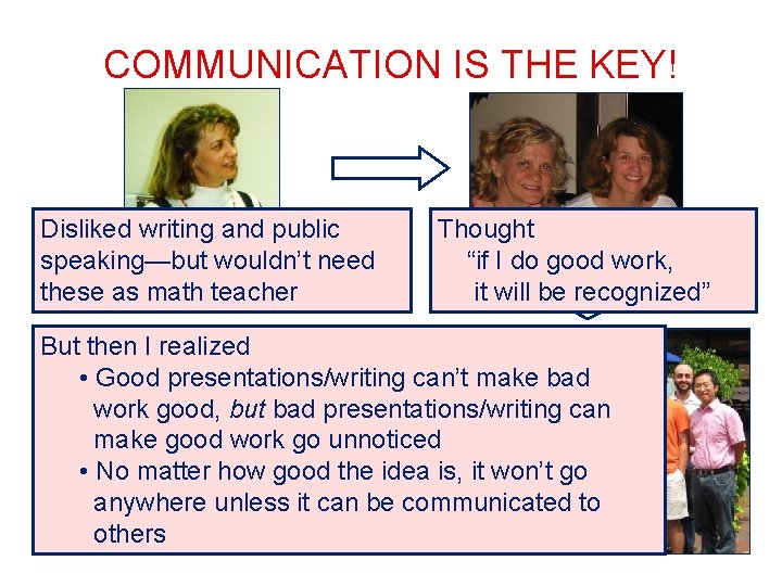 COMMUNICATION IS THE KEY! Disliked BS, MS writing math, and public speaking—but secondary, wouldn’t