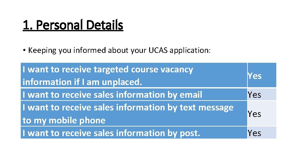 1. Personal Details • Keeping you informed about your UCAS application: I want to