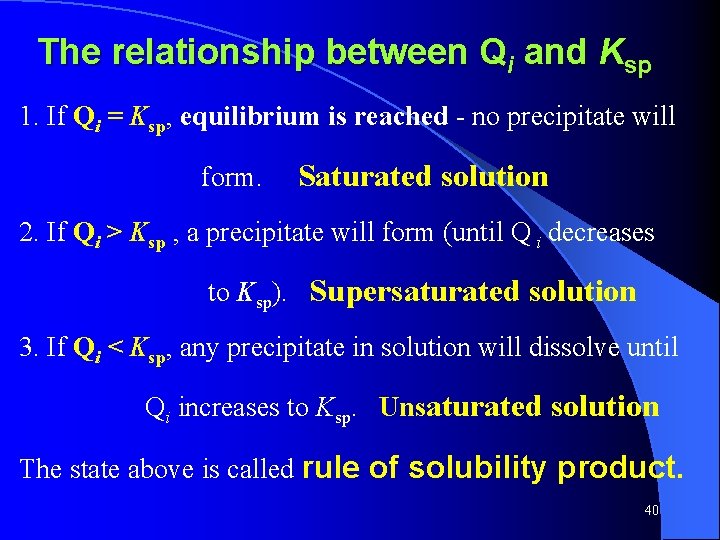 The relationship between Qi and Ksp 1. If Qi = Ksp, equilibrium is reached The relationship between Qi and Ksp 1. If Qi = Ksp, equilibrium is reached