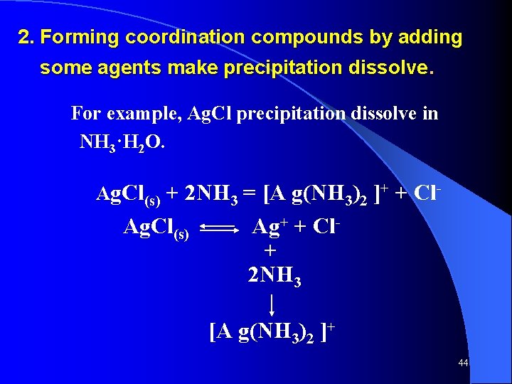2. Forming coordination compounds by adding some agents make precipitation dissolve. For example, Ag. 2. Forming coordination compounds by adding some agents make precipitation dissolve. For example, Ag.