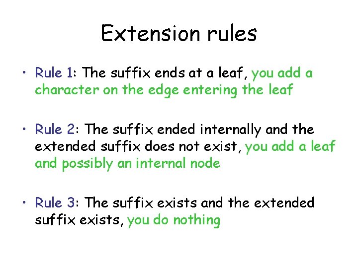 Extension rules • Rule 1: The suffix ends at a leaf, you add a