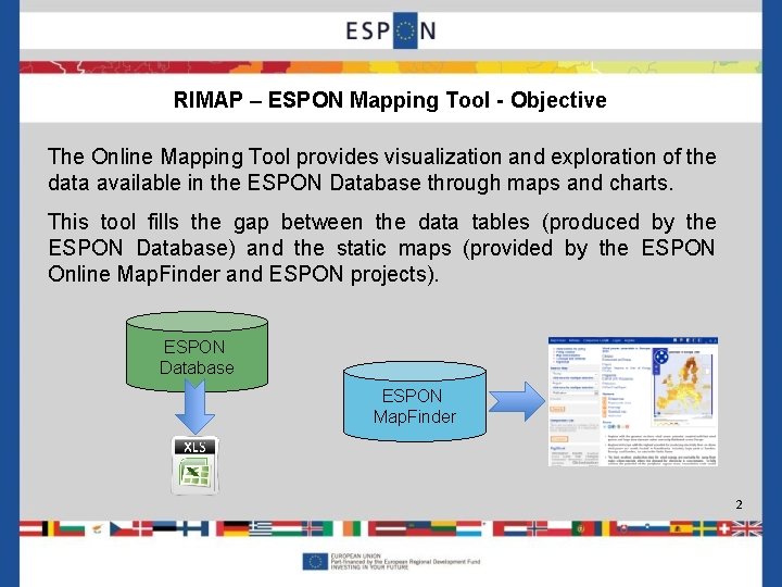 RIMAP – ESPON Mapping Tool - Objective The Online Mapping Tool provides visualization and