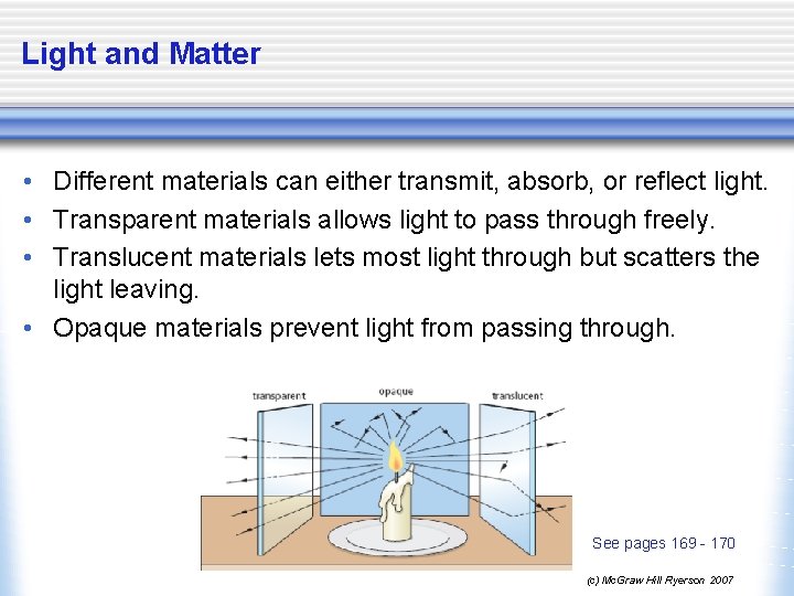 Light and Matter • Different materials can either transmit, absorb, or reflect light. •