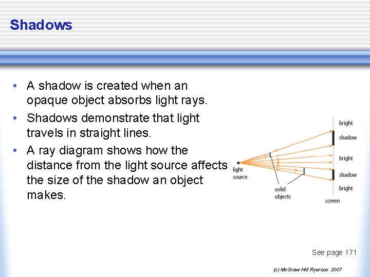 Shadows • A shadow is created when an opaque object absorbs light rays. •