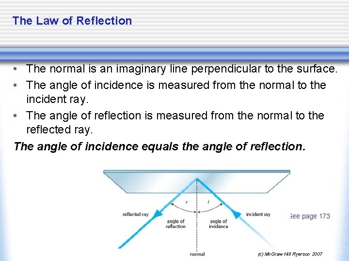 The Law of Reflection • The normal is an imaginary line perpendicular to the