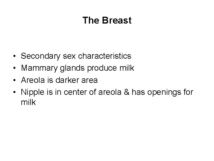 The Breast • • Secondary sex characteristics Mammary glands produce milk Areola is darker