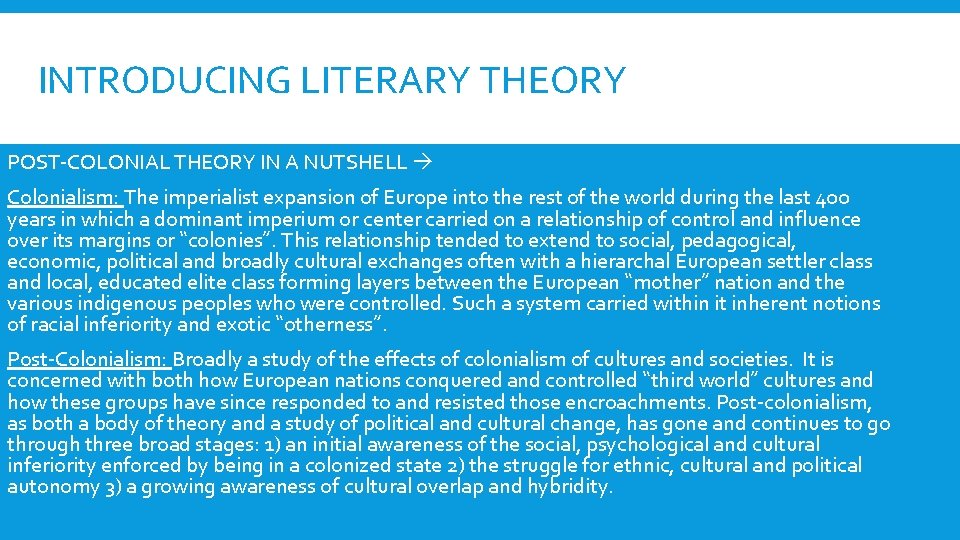 INTRODUCING LITERARY THEORY POST-COLONIAL THEORY IN A NUTSHELL Colonialism: The imperialist expansion of Europe
