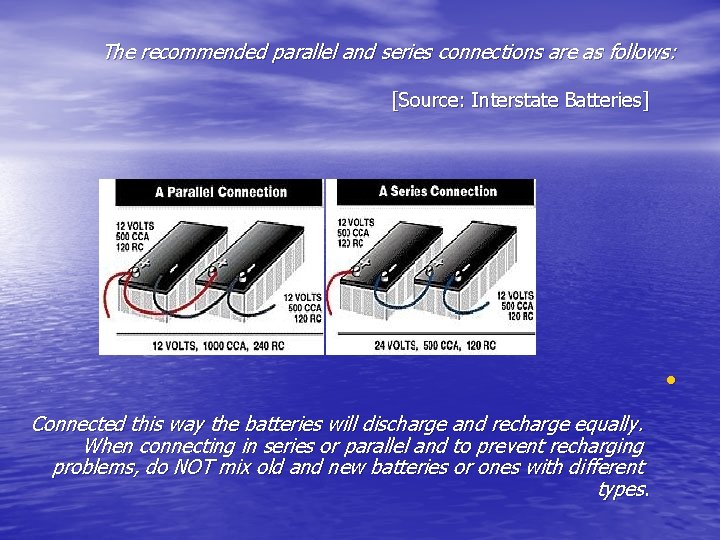 The recommended parallel and series connections are as follows: [Source: Interstate Batteries] • Connected