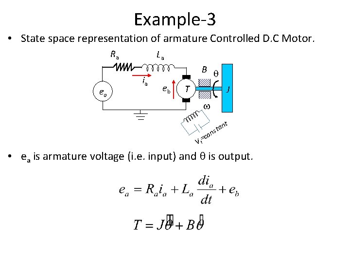 Example-3 • State space representation of armature Controlled D. C Motor. Ra ea La