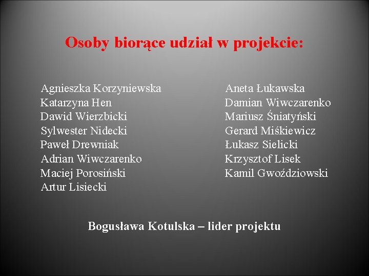 Osoby biorące udział w projekcie: Agnieszka Korzyniewska Katarzyna Hen Dawid Wierzbicki Sylwester Nidecki Paweł